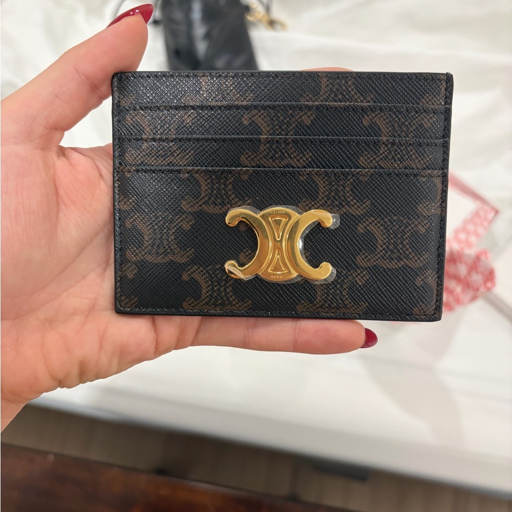 Celine Black and Brown Card Holder with Gold Logo